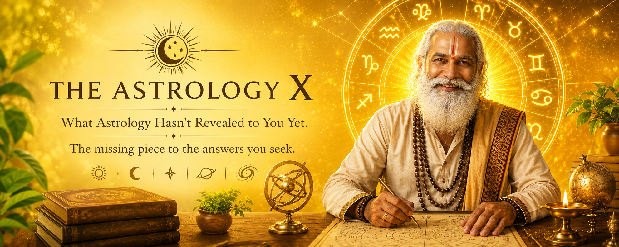 An elder astrologer drawing a birth chart beneath a golden zodiac wheel